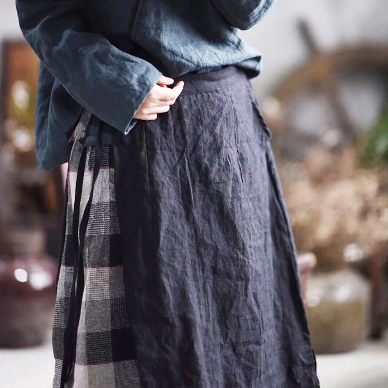 Женская винтажная клетчатая юбка Johnature Весенняя из хлопка и льна с высокой талией