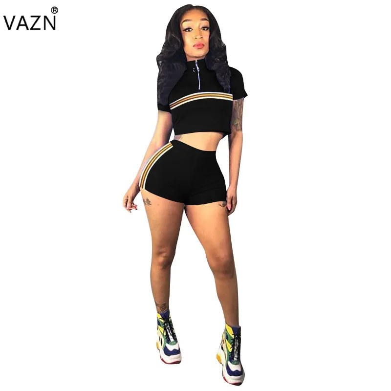 VAZN MZ8217 новые полые 3 цвета прожекторы молодой сексуальный дизайнер свободный короткий рукав короткие брюки эластичные женские 2 шт набор