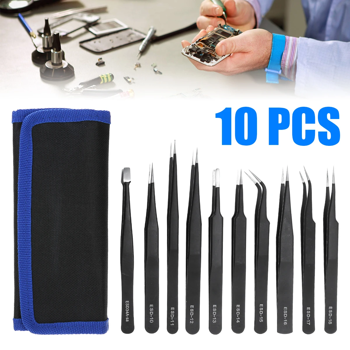 

10PCS ESD Antistatic Precise Tweezers Set Multifuction Nipper Repair Tool Stainless Steel Anti-Magnetic Cutting-edge Parts