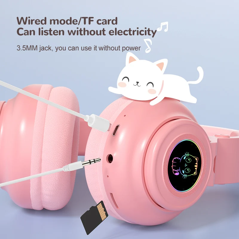 Cute RGB Kitten wireless Headsets Bluetooth 5.0 Bass Noise Cancellation Adult Child Girl Headset Support TF Card Helmet with Mic