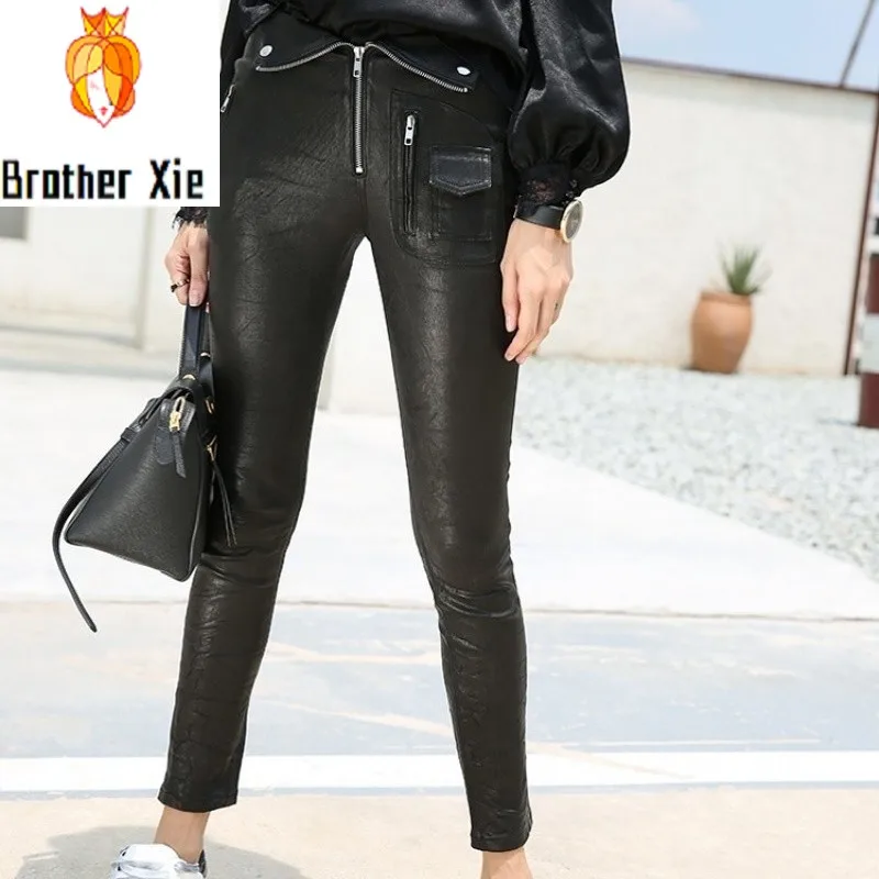 

New Genuine Leather Trousers Women Soft Sheepskin Real Leather Pencil Pants Lady Skinny Slim Harajuku Pants Female Autumn Winter