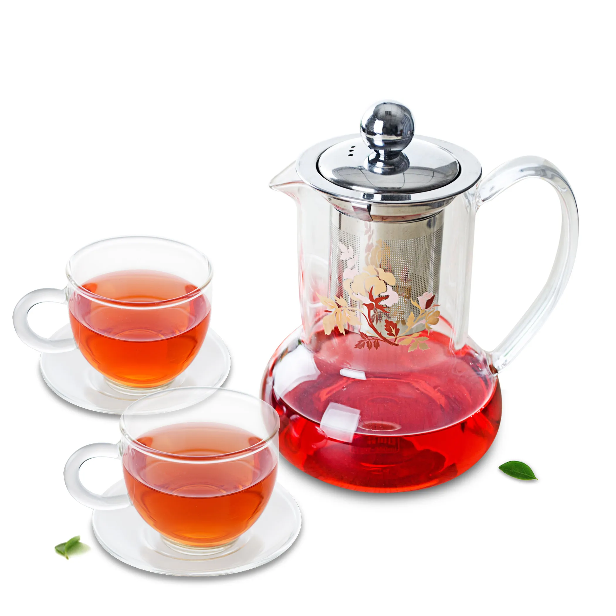 

Novelty Glass Tea Pot w/ Stainless Steel Filter & 2PC Teacups w/ Saucers