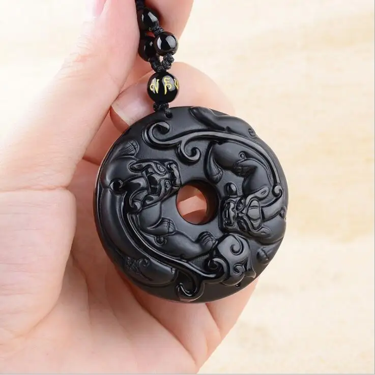 Envatio Directo obsidiana tallado circulo Pixiu amuleto colgante joyeria fina