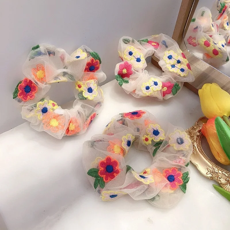 

Super fairy Embroidered Flower Hair rope net yarn large intestine hair circle