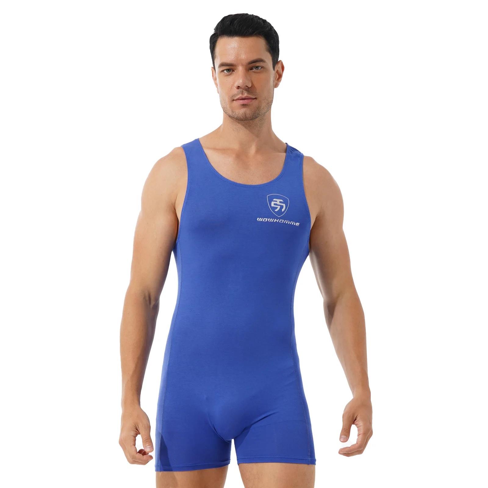 Men Sleeveless Solid Color One Piece Sport Undershirts Boxers Bodysuit Jumpsuit Wrestling Singlets Gym Workout Fitness Leotards