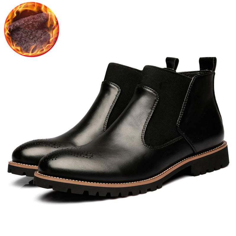 Мужские кожаные ботильоны; большие размеры 38-46; деловая повседневная обувь «Челси»; мужские зимние плюшевые теплые ботинки; botas hombre - Цвет: Black fur