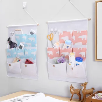 

Waterproof Sundries Pouch Bedroom Sundries Bag Simple Home Organizer Pink Printing 7 Pockets Wall Hanging Storage Bag