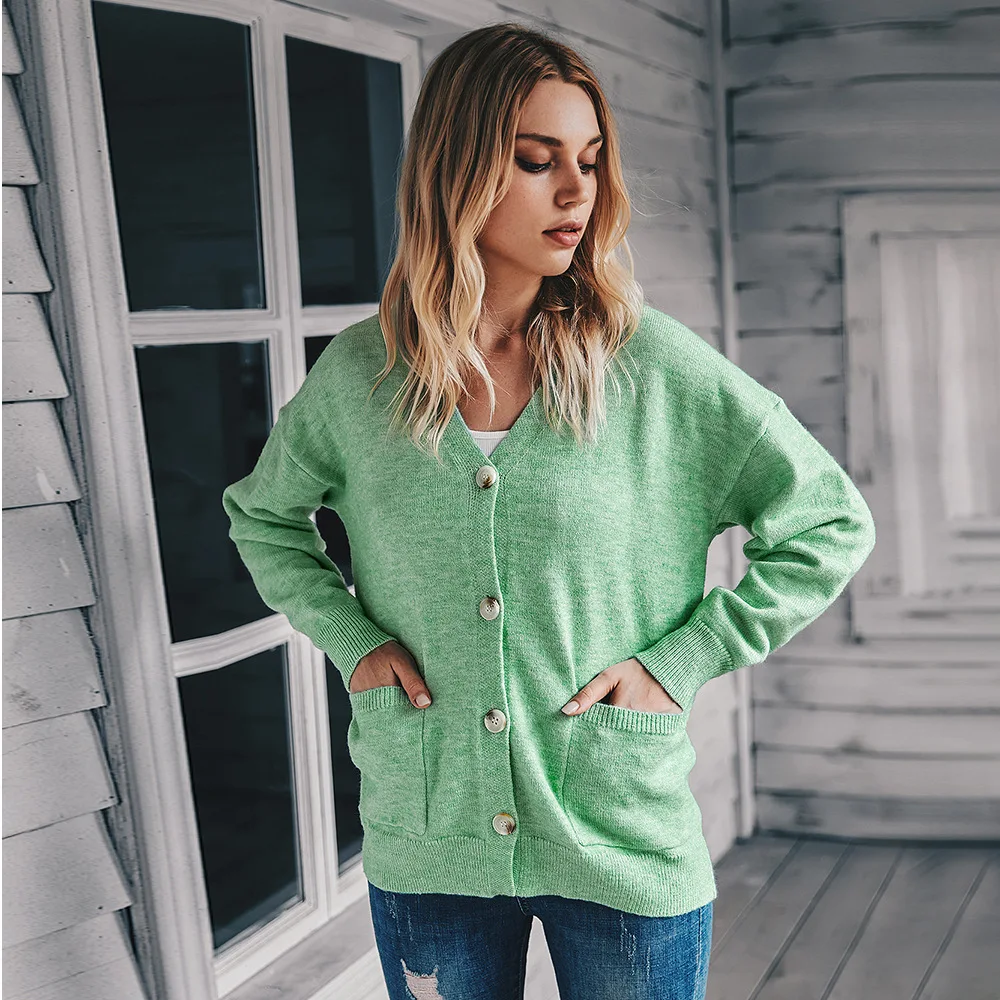 

cardigan knitted women's knitted long-sleeved single-breasted V-neck sweater casual soft cardigan with pockets green cardigan