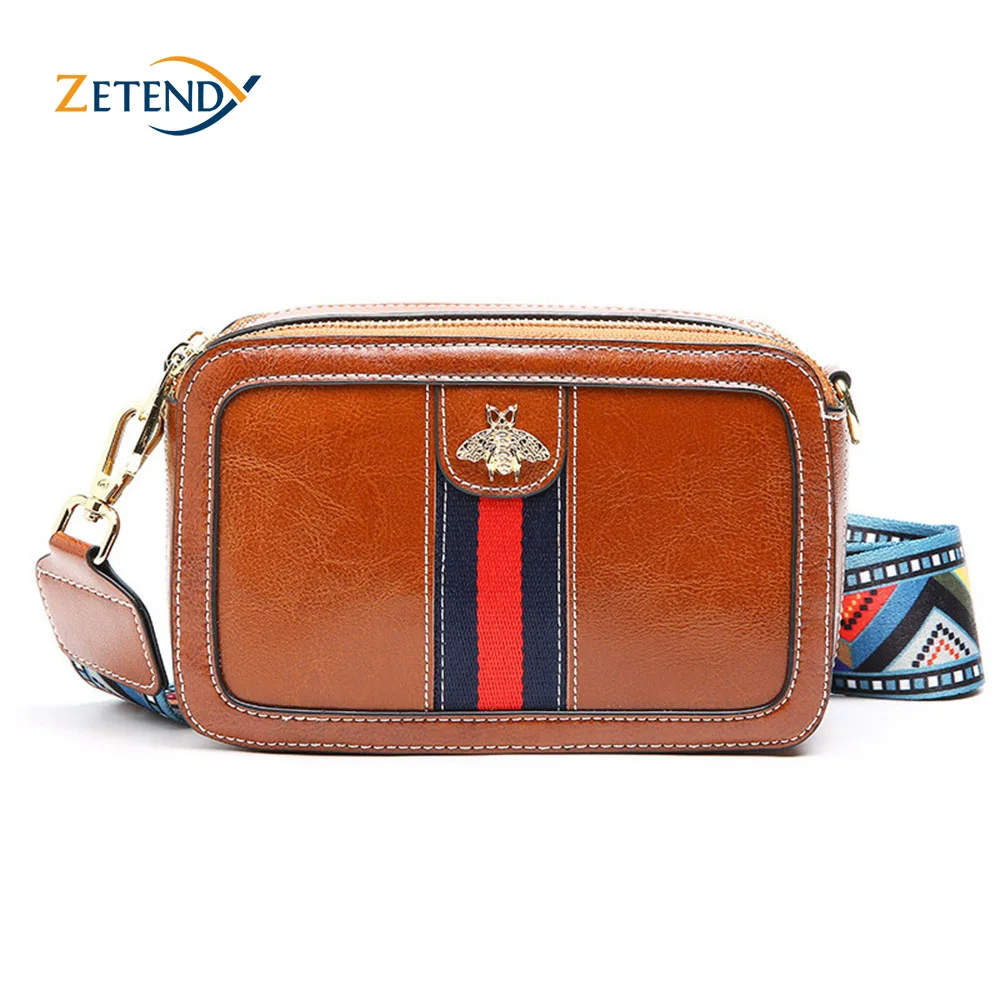 

Ladies Crossbody Bag Small Bee Wide Shoulder Strap Design High Quality Genuine Leather Oil Wax Cowhide Women Shoulder Small Bags