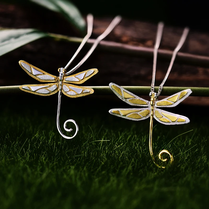 Lotus Fun Real 925 Sterling Silver Natural Handmade Fine Jewelry 18K Gold Cute Dragonfly Pendant for Women Gift