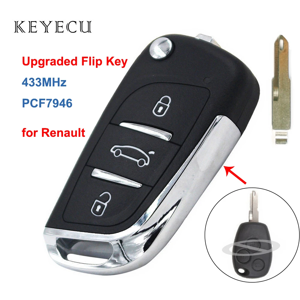 

Модернизированный флип-модуль Keyecu с 3 кнопками 433 МГц, чип PCF7946 для Renault Kangoo Trafic Clio Kangoo II 2006-2010