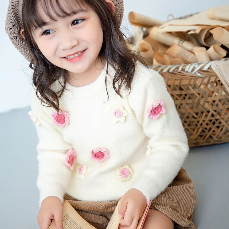 

80-120 [470] Autumn New Products Medium-small Childrenswear Versitile Fashion Girls Flower Knitted Sweater Cardigan