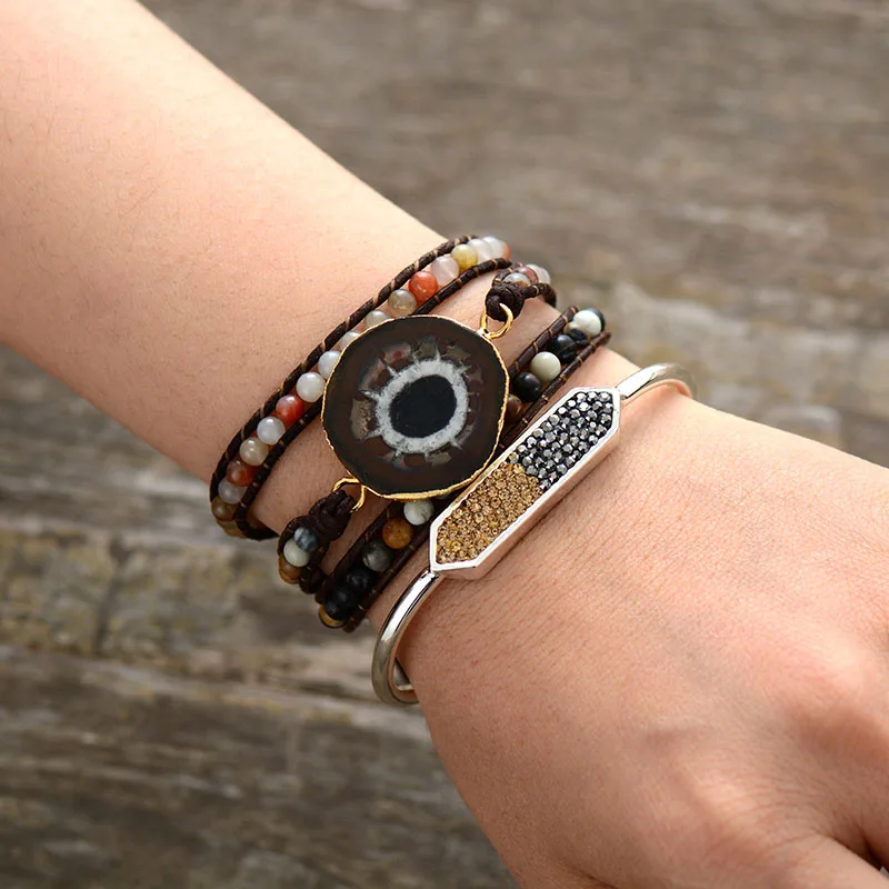 Дропшиппинг Wrap Браслеты натуральные камни Sun Japser Charm 3 слоя кожаный веревочный