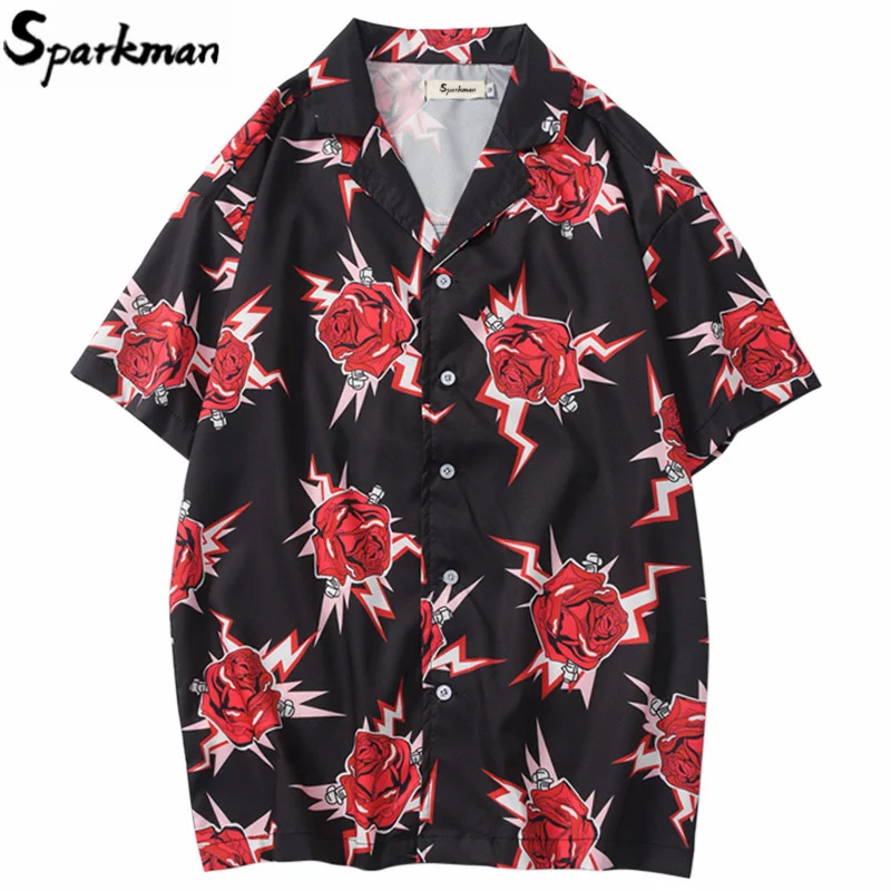 Hip Hop Shirt Streetwear Mens Hawaiian Shirt Red Rose Harajuku Floral Spring Summer Beach Shirt Hawaii Thin Short Sleeve