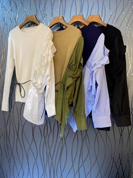 

2020 Early Autumn New Women's round Neck Knitted Irregular Color Matching Stitching Lace-up Knotted Long-Sleeved Shirt 814