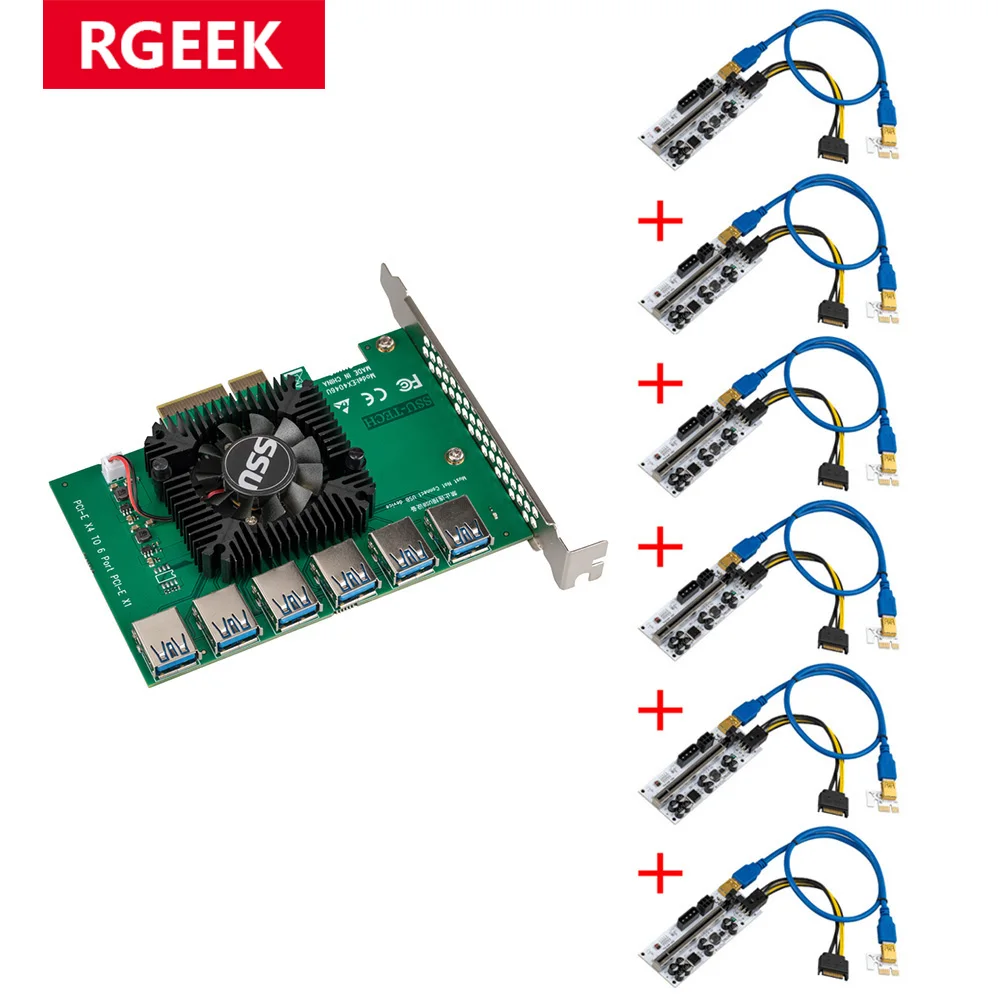 6pcs PCI-E Express 4x to 16x Riser 010 Card Adapter PCIE 1 6 4 Slot PCIe Port Multiplier for BTC Bitcoin Miner Mining | Компьютеры и