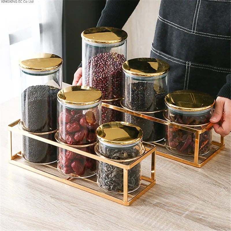 

Transparent Glass Jars and Lids Kitchen Canister Sets Cereal Dispenser Suger Jar Food Sealed Cans Kitchen Storage Box with Shelf