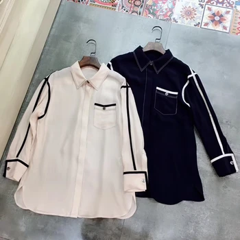 

Spring Shirts 2020 New High-end Women Blouse Fashion Flip Collar Patchwork Retro Slim Shirt Blouses