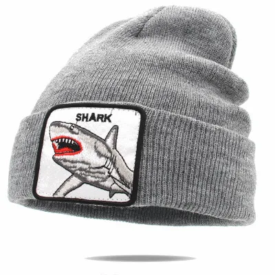 Gray Shark Унисекс шапочка вязаная с вышивкой в виде животных, Лоскутная манжета с черепом, теплая зимняя мягкая эластичная вязаная мужская шапка - Цвет: Gray Shark