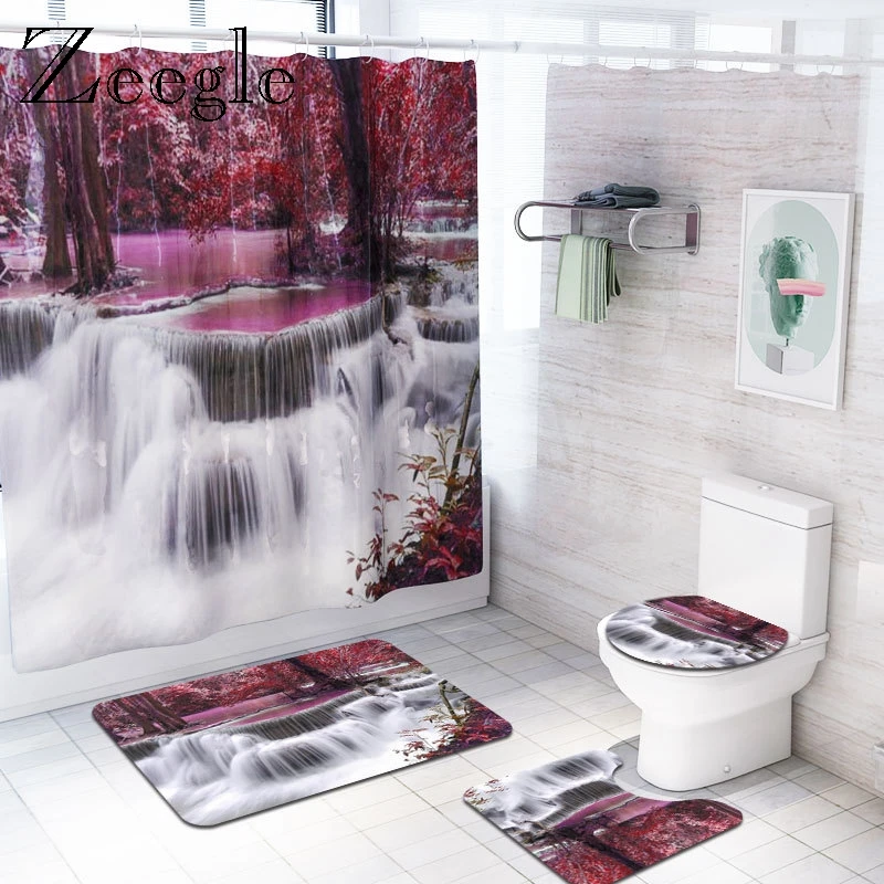 Printed Scenic Bath Mat and Shower Curtain Set Bathroom Foot Mat with Non Slip Plastic Dots Bottom Waterproof Bathroom Curtain
