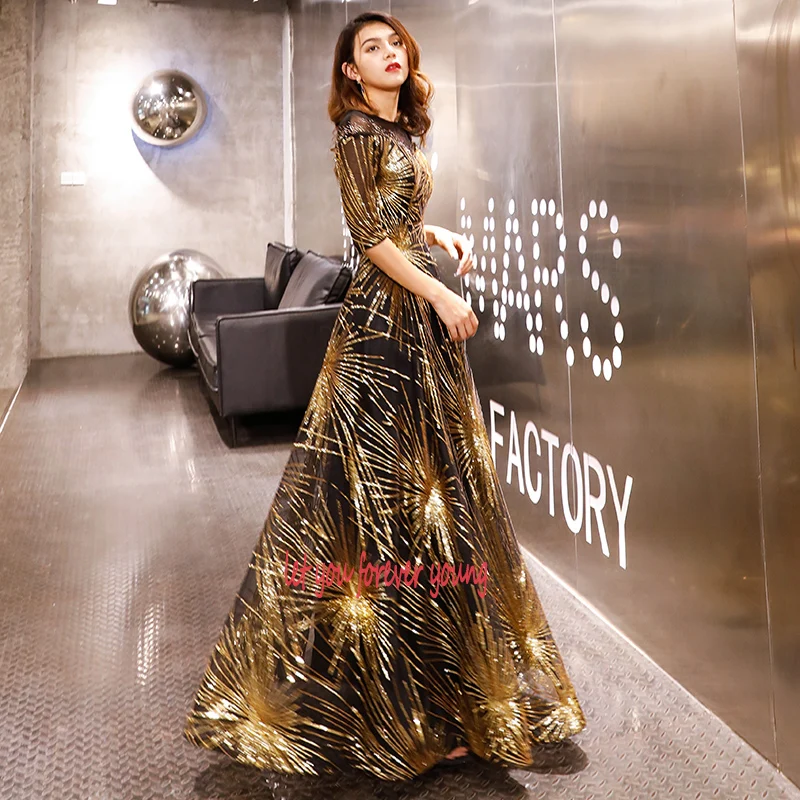 plus size formal dresses & gowns Robe De Soiree Evening Dress 2022 Gold Sequined Crystal O-Neck Black Floor-length Dinner Gowns RU56 formal gowns for women