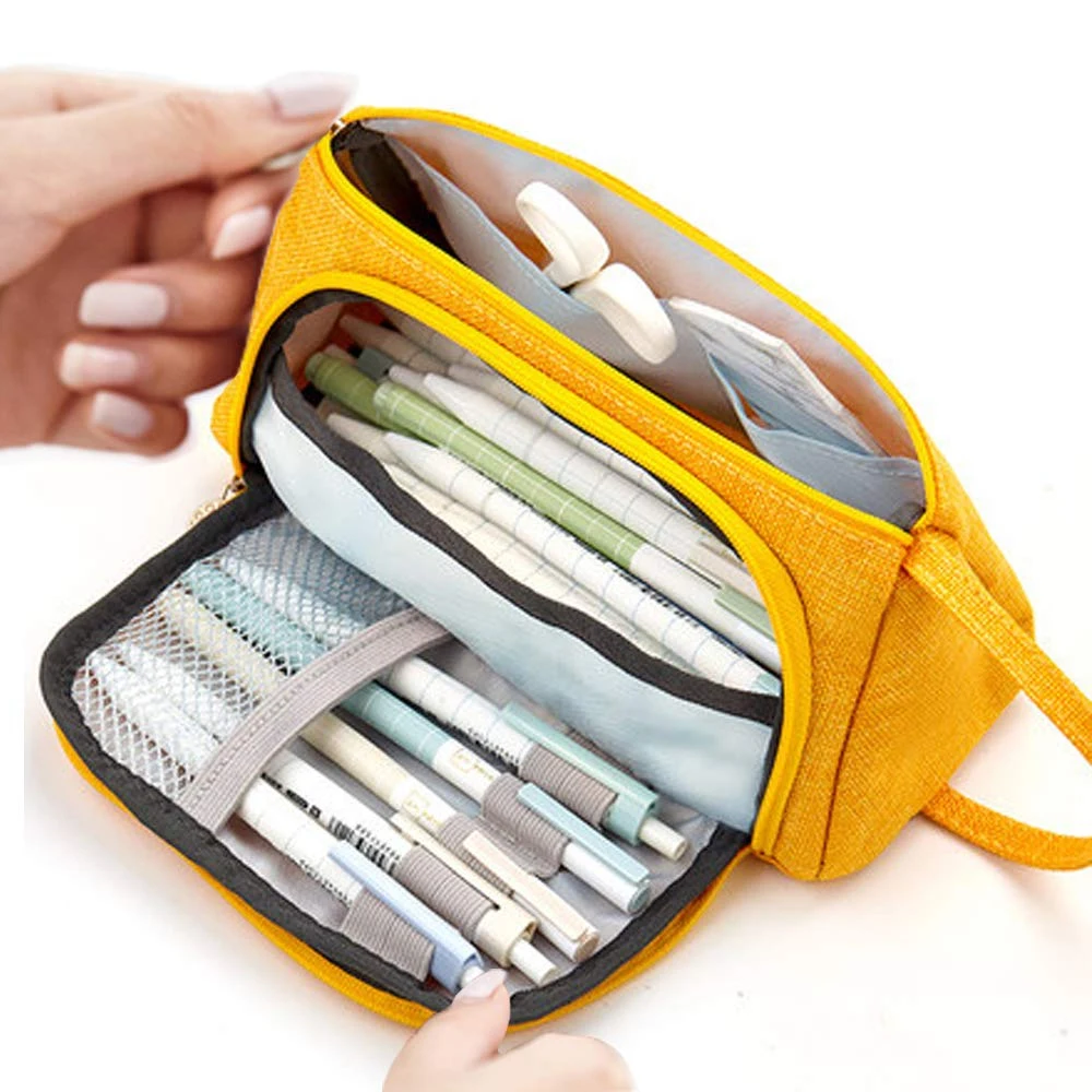 Oeak креативная вместительная косметическая сумка парусина пенал большой емкости простые Многослойные канцелярские принадлежности на молнии сумка для карандашей