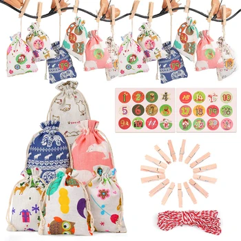 

24Pcs Gift bag Portable Advent Number stickers Christmas Filling Candy Linen