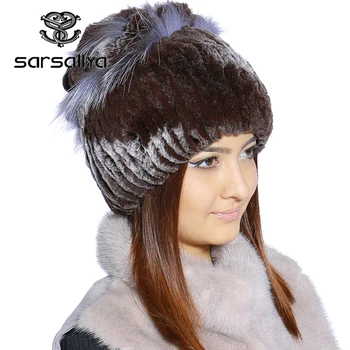 

SARSALLYA Winter fur hat for women real rex rabbit fur hat with silver fox fur flower knitted beanies sale women fur cap