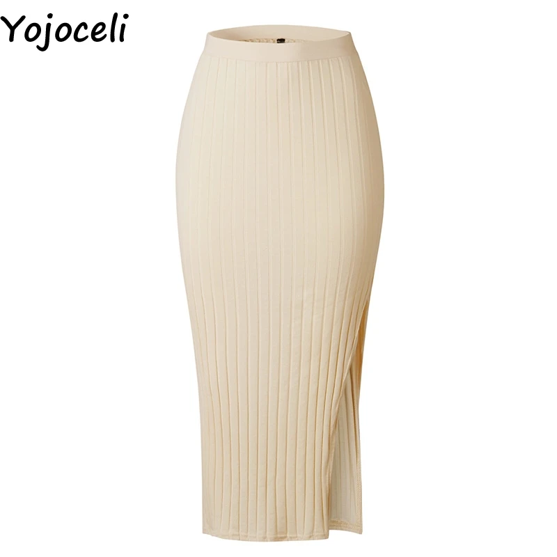 Yojoceli Сексуальная bodycon Сплит карандаш юбки женские осень Вязаная теплая длинная юбка с завышенной талией на зиму с юбкой на осень-зиму, с подошвой