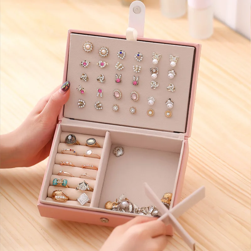 Small Square Earrings Simple JewelryTravel Box Female Portable Princess European Style Earrings Ring Hand Jewelry Storage Box