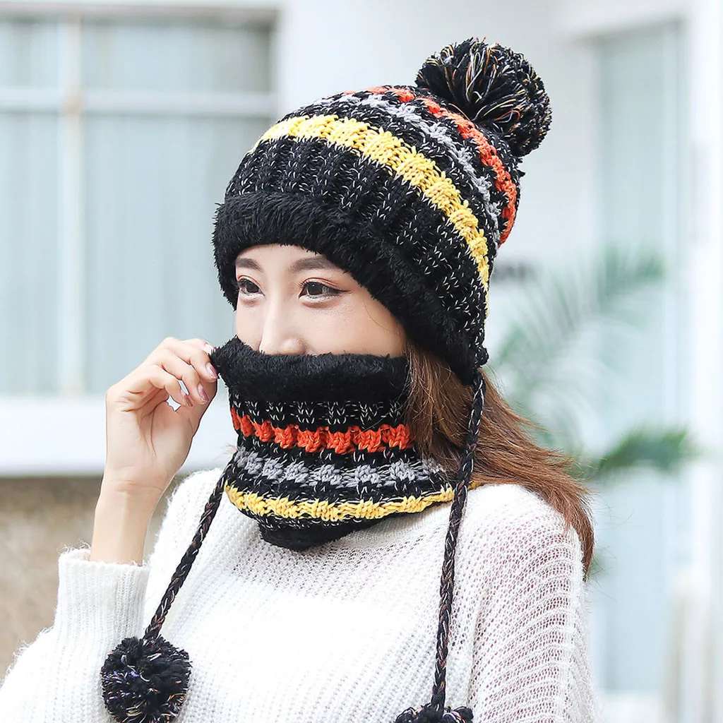 Ladies Knitted Beanie Hat Women Beanie Hat With Scarf Warm Plus Thicken Scarf And Hat Knit Windproof Cap Scarf Set Gh4