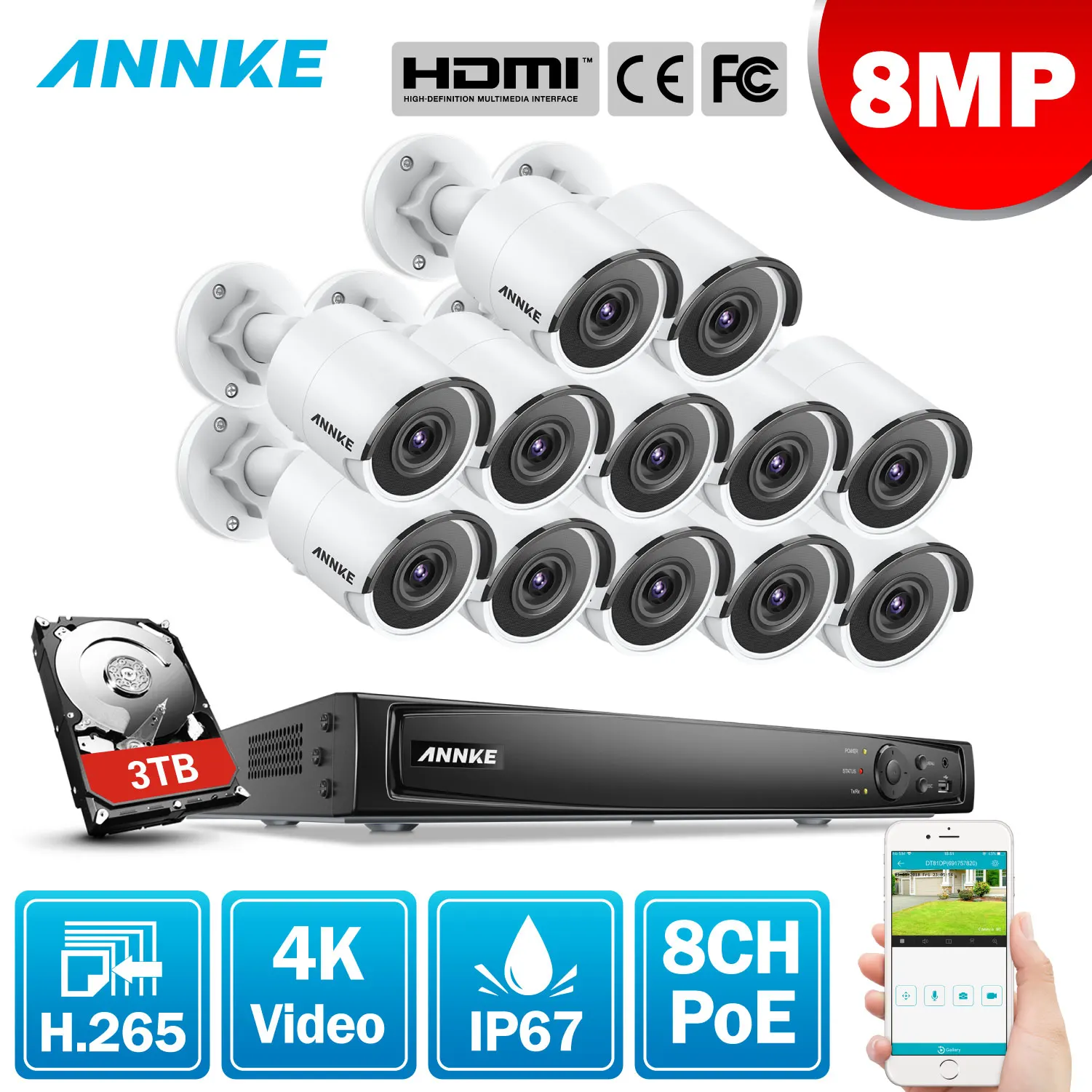 ANNKE 16CH 4K Ultra HD POE сетевая видео система безопасности 8MP H.265+ NVR с 12 шт. 8MP 30m EXIR ночное видение уличная IP камера