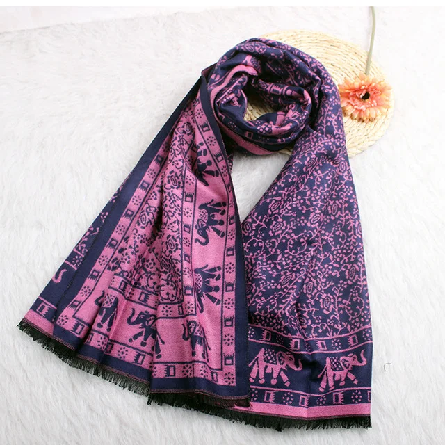 navyblue rose red Этический дизайн женский шарф из кашемира пашмины зимние теплые шарфы со слоном для Леди шали и обертывания длинные толстые - Цвет: navyblue rose red