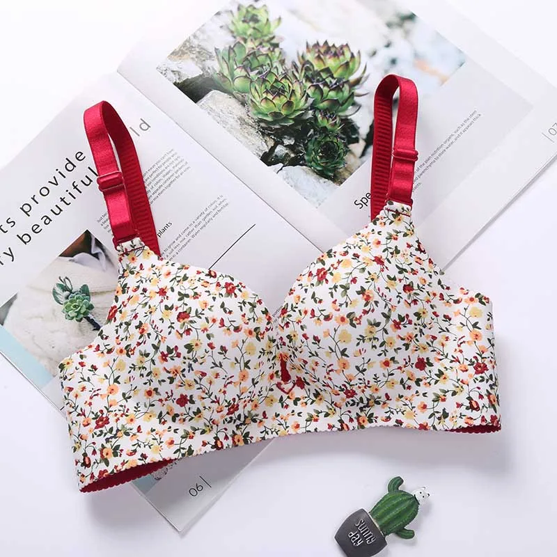 Women's Flower Print Seamless Bra Lingerie Floral Push Up Bras One-Piece  Underwear