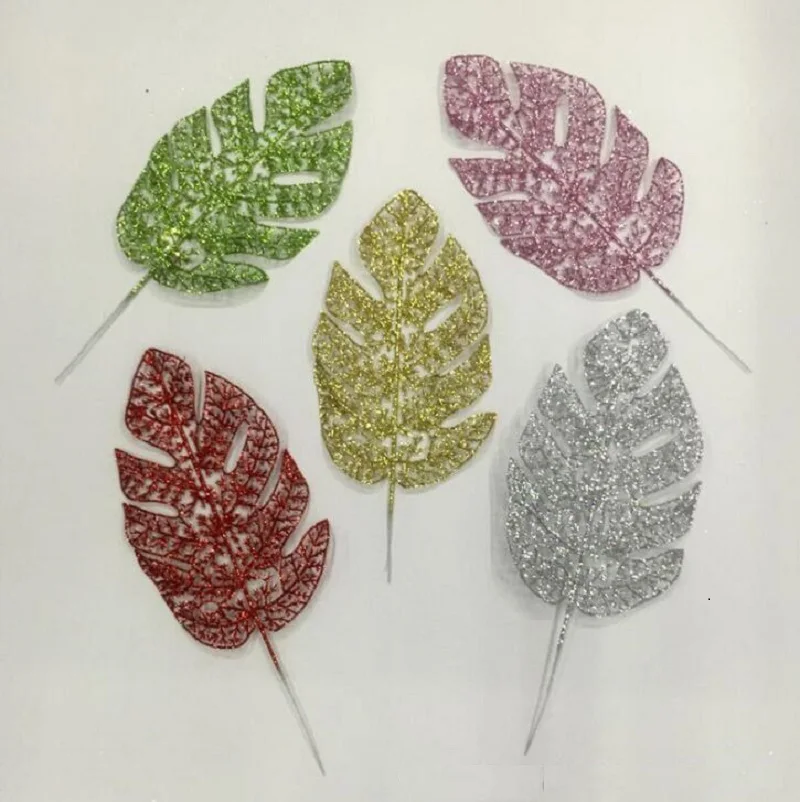 

20pcs 35cm Artificial Glitter Monstera Leaf Branch For Flower Arrangement Wedding Christmas Tree Party Home Garden Decoration