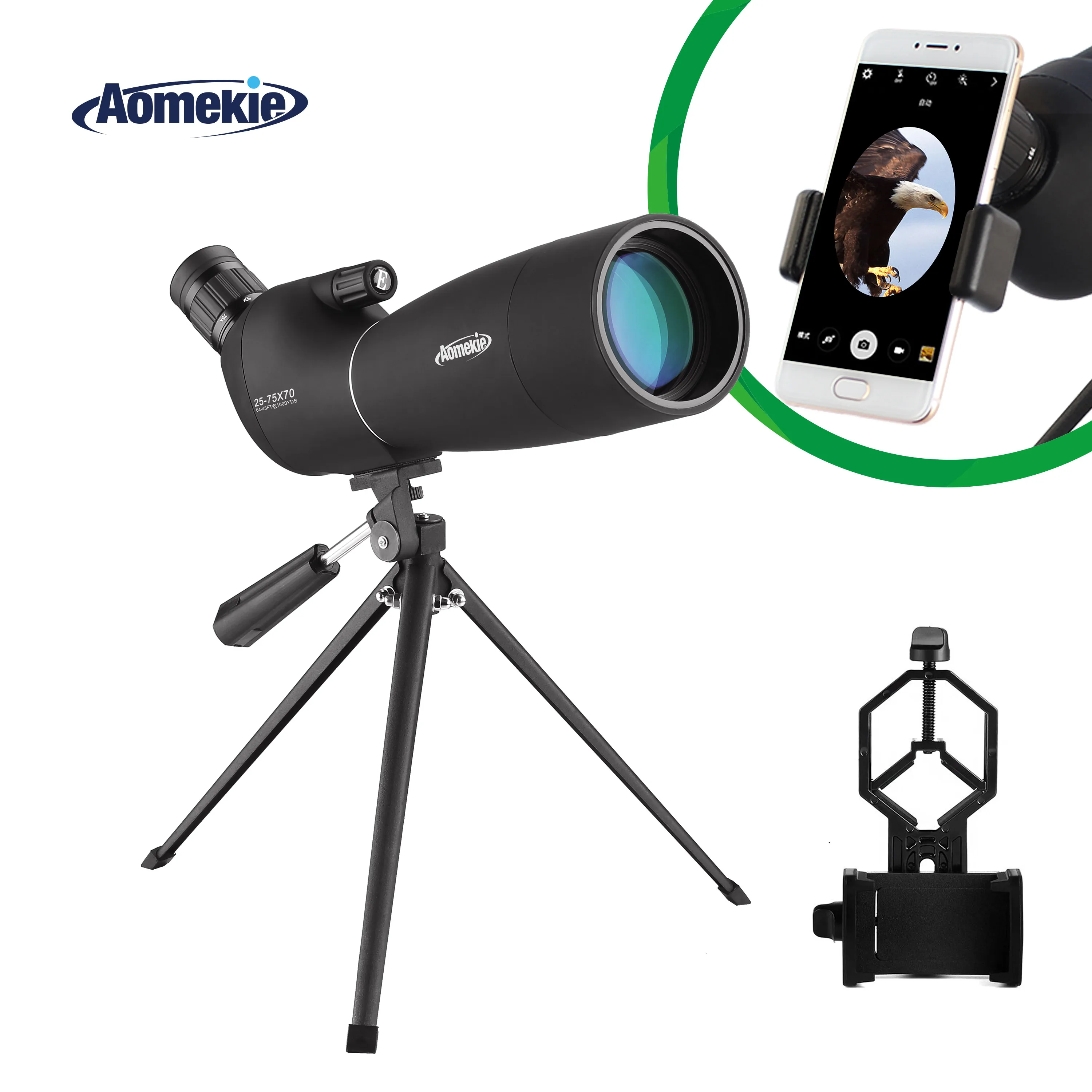 AOMEKIE 25-75X Zoom Spotting Scope with Tripod Mobile Adapter 70mm Optical Glass Lens FMC for Bird Watching Hunting Monocular