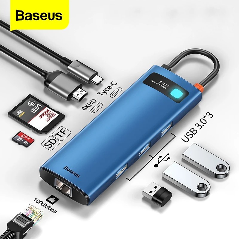 

Baseus 8 in 1 USB Type C HUB USB C to 4K HD RJ45 PD SD/TF Multi USB 3.0 HUB Adapter For MacBook Pro Laptop Dock Station Splitter