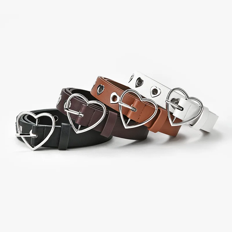 Women Belt Fashion Leather Punk Belt with Adjustable Love Heart Holes Luxury Designer Buckle Belt for Dress Jeans Cool Boy Girl