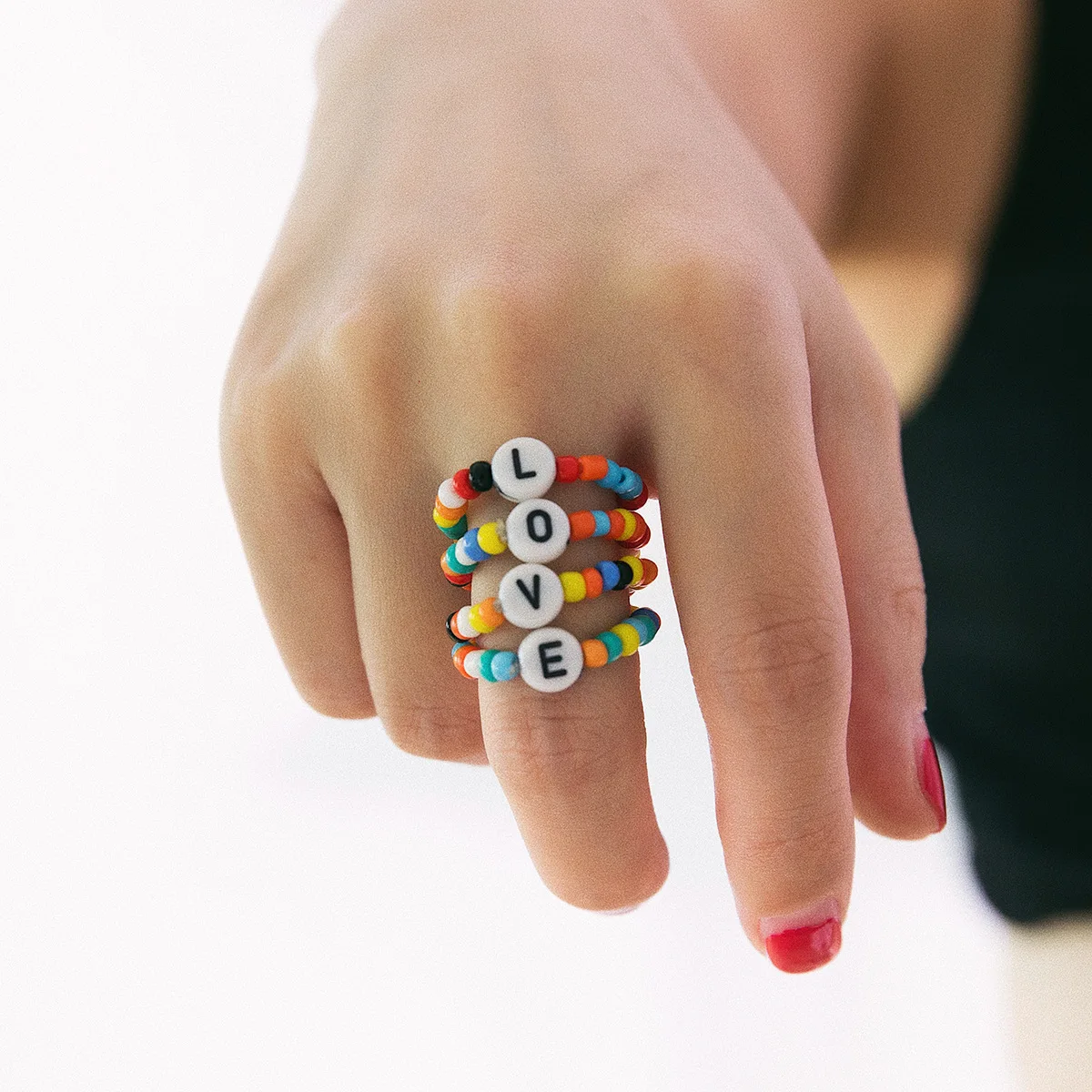 

4pcs/set Natural Stone stretch Rings set for women colorful beads LOVE Handmade fashion ring female