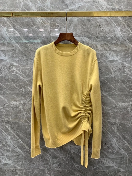 Autumn and winter new women's round neck side drawstring wrinkle decoration solid color long sleeve wool sweater 1014