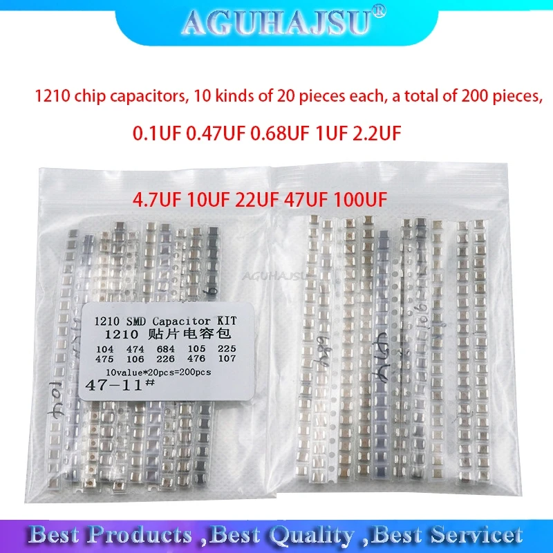 

1210 SMD Capacitor assorted kit ,10values*20PCS=200PCS 100nF~100uF Samples Kit electronic diy kit