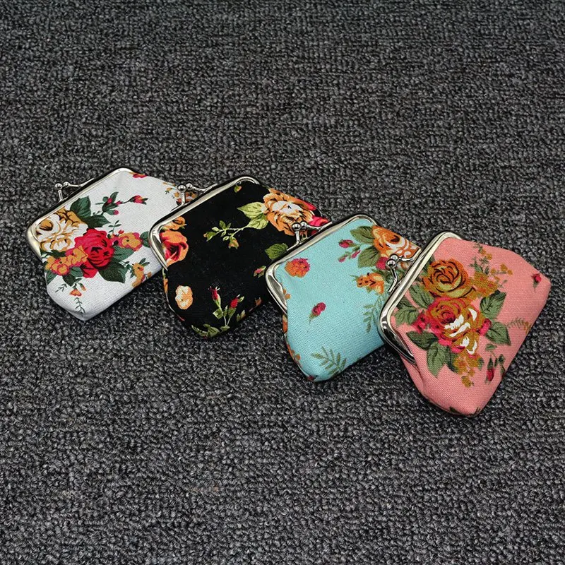 NEW-4Pc Женская холщовая Сумочка для монет с цветочным рисунком дамская сумочка кошелек