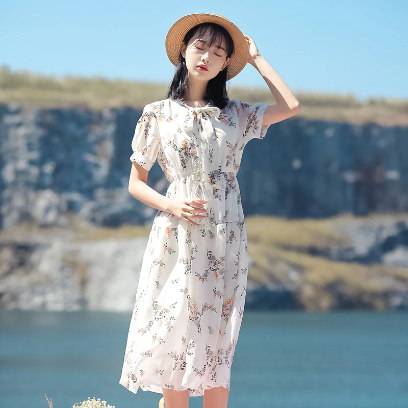

Short sleeves Chiffon Dress Female Summer 2019 French Scarf Collar Printed Retro Dress Over Knee