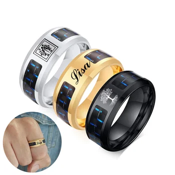 

Blue Carbon Fiber Rings Men Women Unique Custom Name Logo Punk Wedding Engagement Band Ring Size 7 to 12