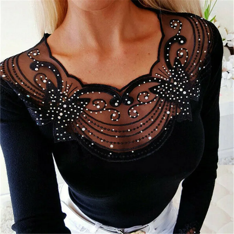Women Butterfly Lace T Shirt Elegant Ladies Long Sleeve Slim Tee Shirt Femme Stretch tshirt Bodycon Autumn Top Streetwear