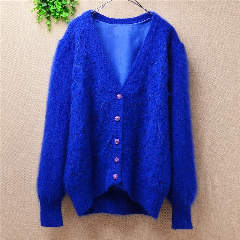 

Spring 2020 new housewife loose V-Neck long sleeve sweater Angora rabbit hair women knitting top mink cardigan coat jacket