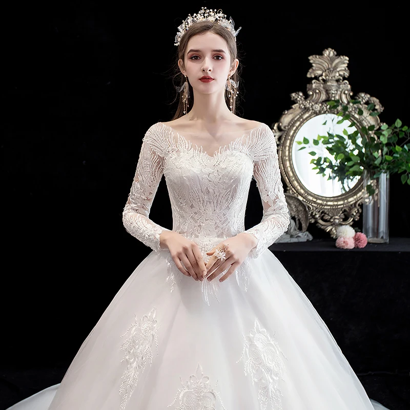 Mrs Win свадебное платье, роскошное сексуальное бальное платье с длинным рукавом и v-образным вырезом, кружевное свадебное платье принцессы, Индивидуальный размер