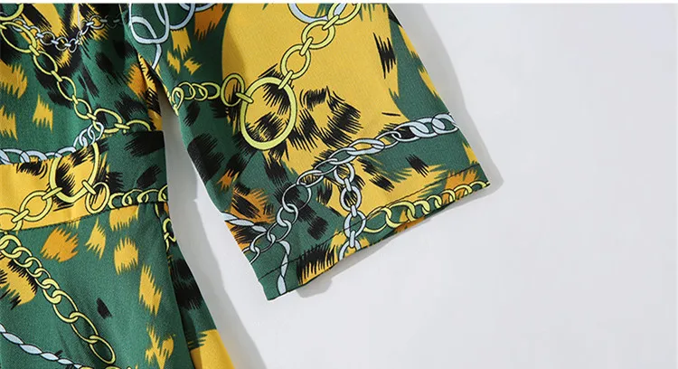 Summer Office Lady Green Yellow Flower Elegant Chain Print Women Dress Casual High Waist Floral Print Party Vintage Female Dress