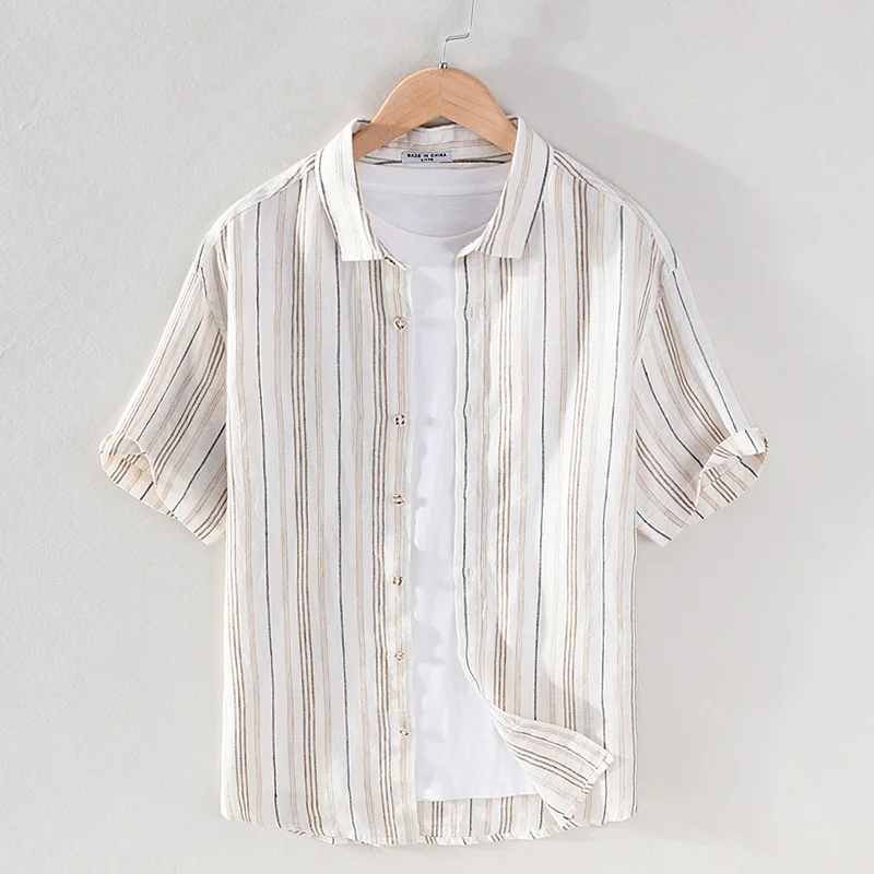 

Designer new striped pure linen brand shirt men casual short-sleeved fashion shirts for men tops mens clothing chemise camisa