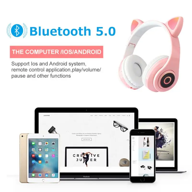 Kids Bluetooth Headphones LED Light Cat Ears Wireless Children Headset With Mic HIFI Stereo Bass Gamer Earphones for Smartphone